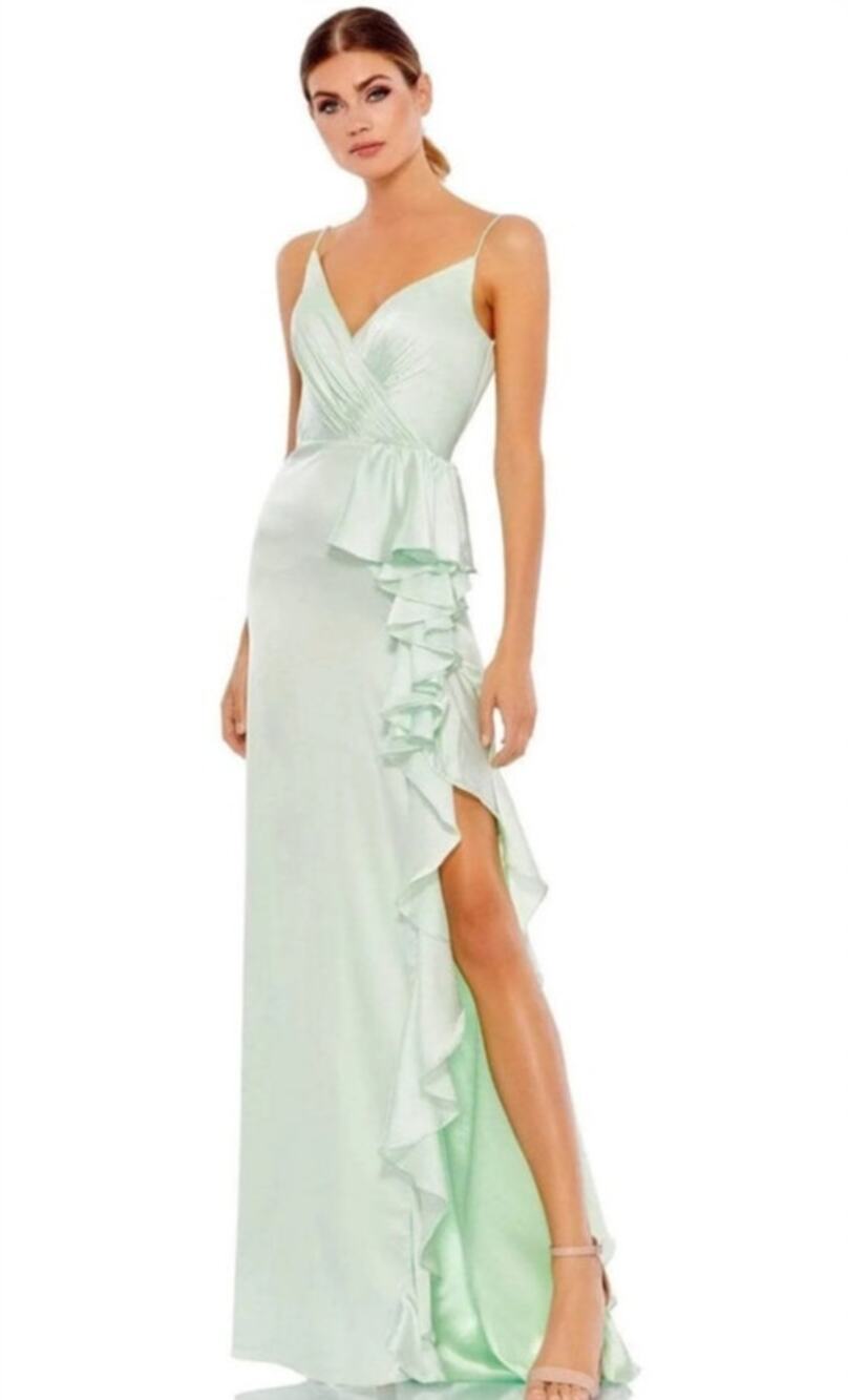 Mac Duggal Size 8 Light Green Satin Ruffled Prom Maxi Gown Dress 67815 NEW